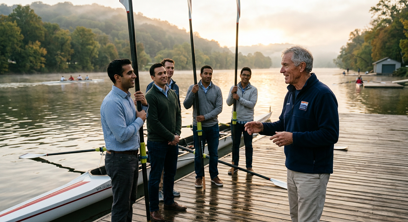 Coach debriefing executives on the boat dock